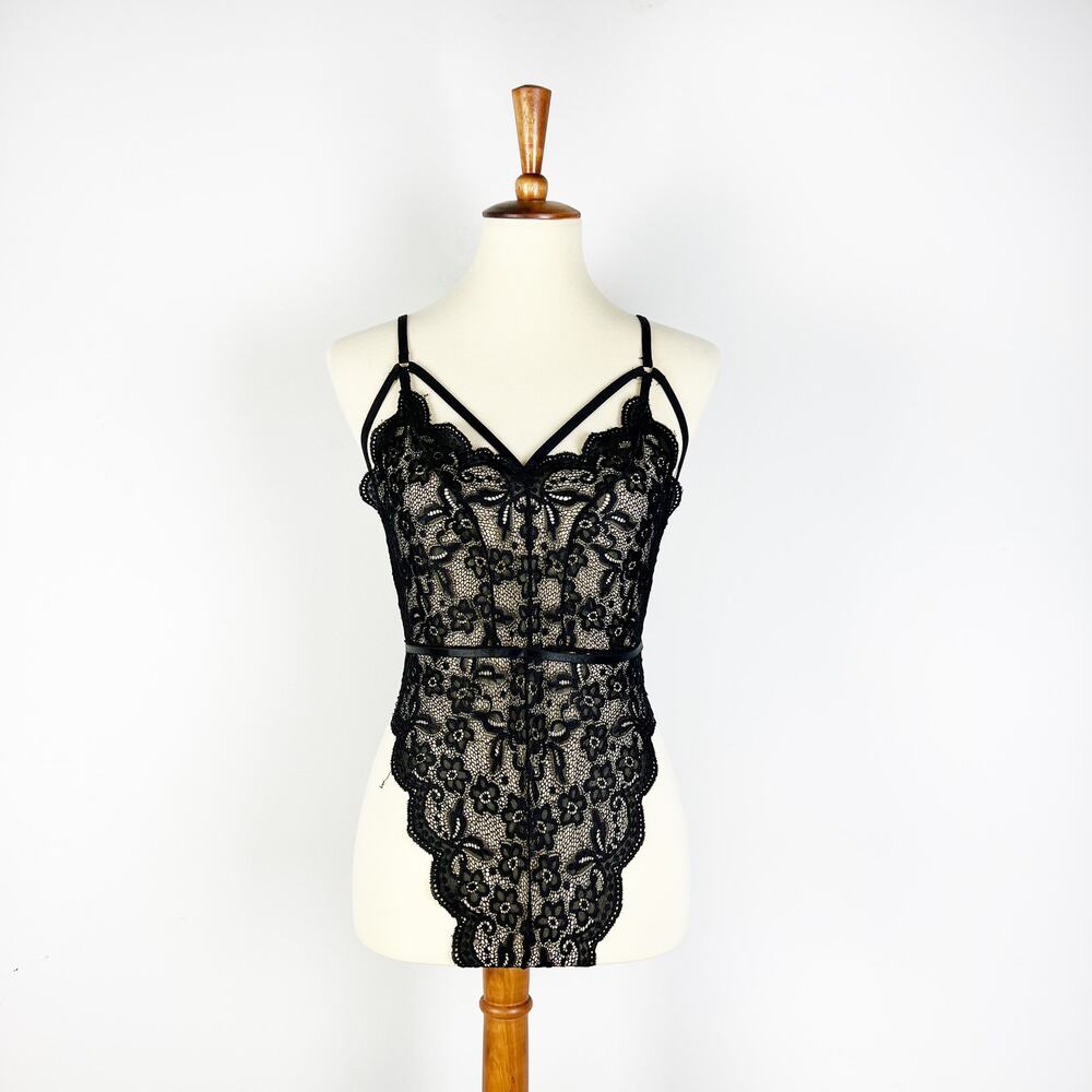 Black lace lingerie one piece strappy bodysuit Size M